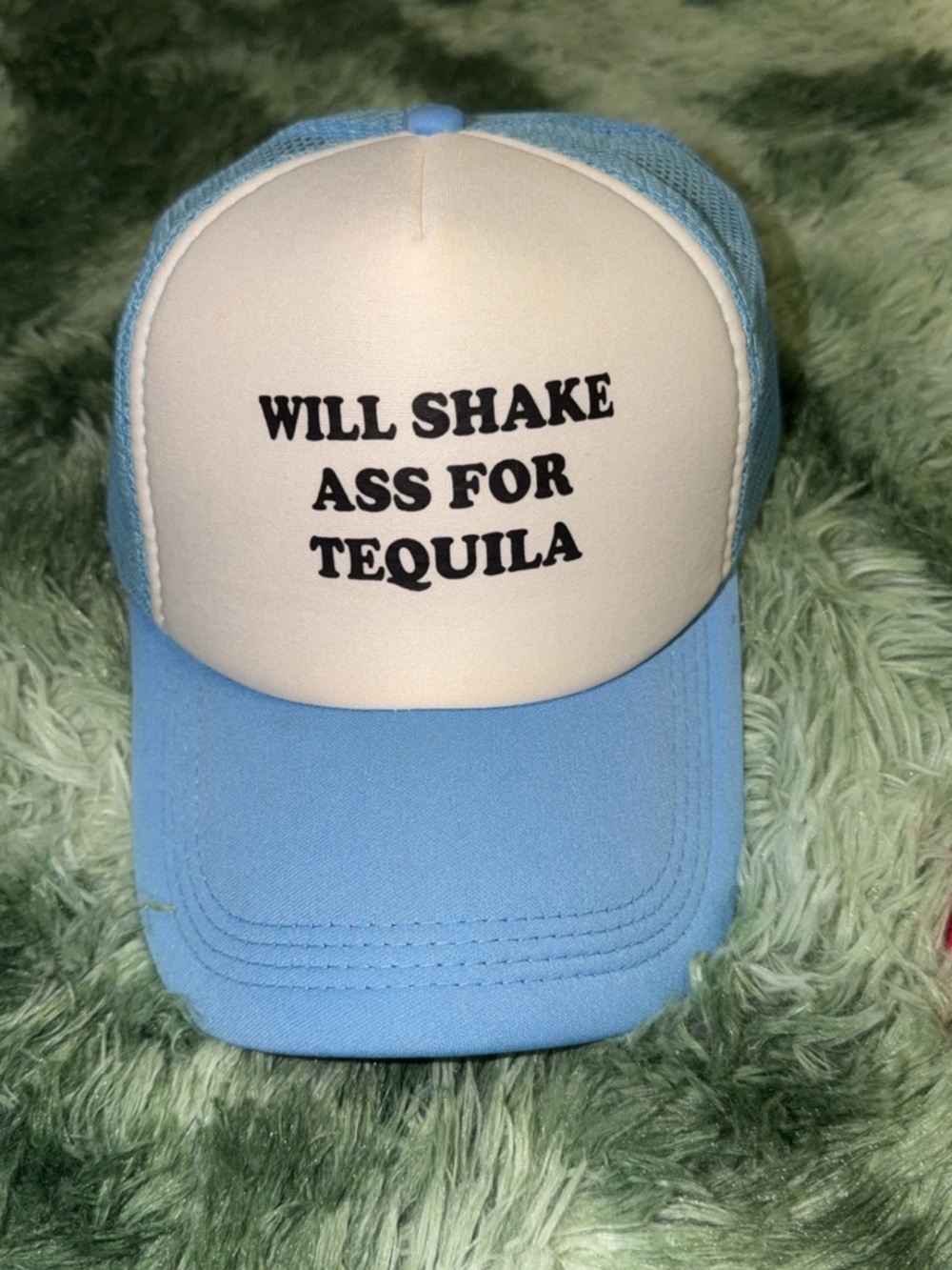 Light Blue and White Trucker Hat - "Will Shake Ass For Tequila"